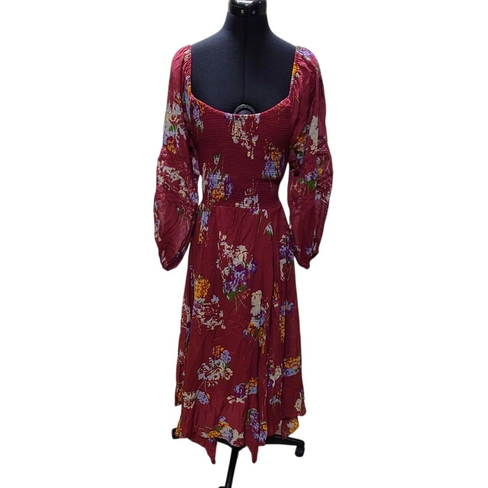 Free People Boho Floral Smocked Midi Dress Burgundy Red Size XS